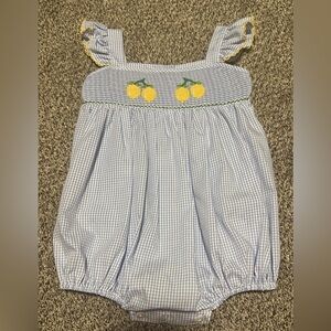 Blue and White Gingham Baby Romper with Smocked Lemon Embroidery